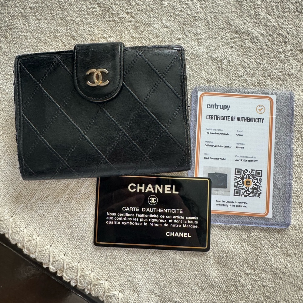CHANEL Black Quilted Leather Compact Wallet with Gold CC